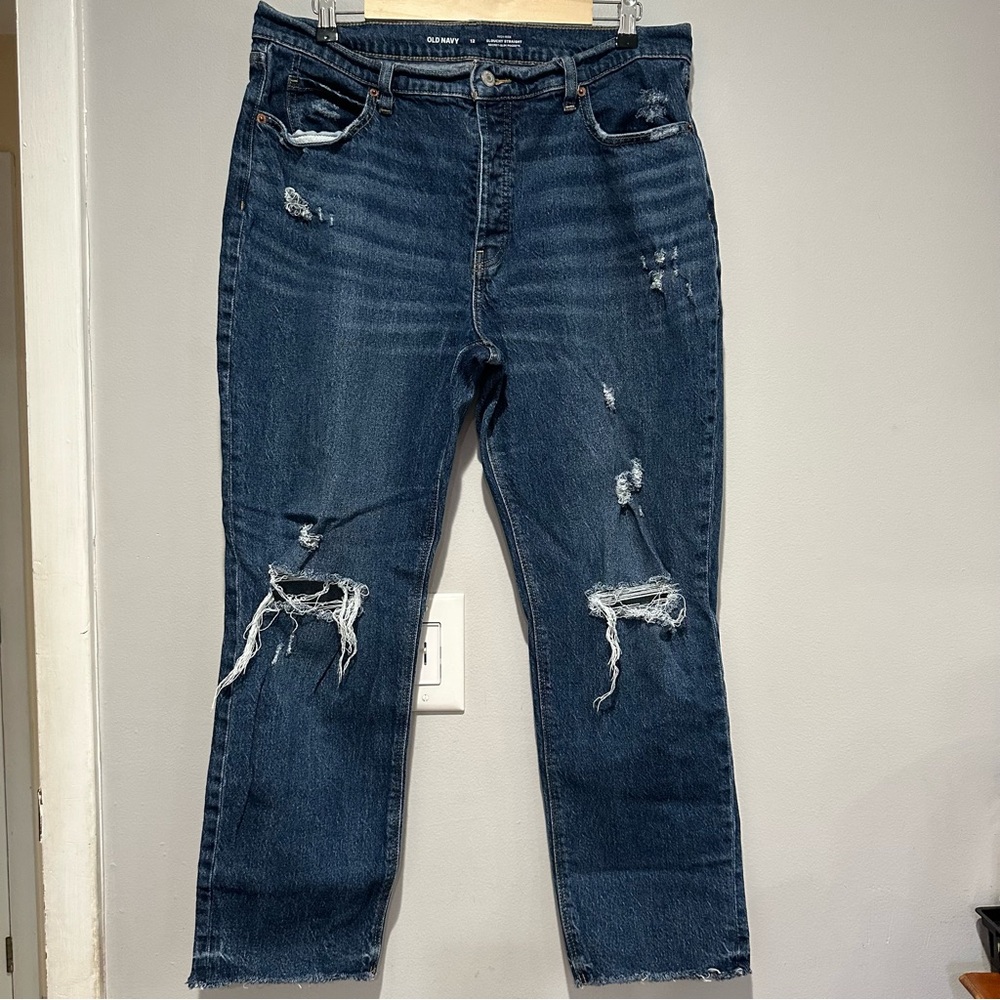 Old Navy High Rise Button Fly Slouchy Straight Distressed Blue Jeans Size 12